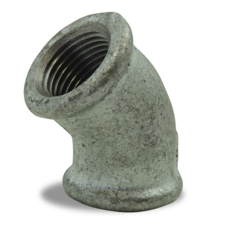 Raccord Fonte Malléable coudé 45° - Femelle/Femelle - Filetage BSP. Raccord Galvanisé compatible réseaux eau potable - Type 120
