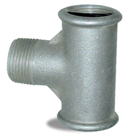 Raccord 133, en fonte malléable galvanisée, forme Té, raccordement Femelle/Mâle/Femelle, filetage BSP