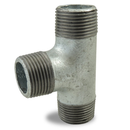 Raccord fonte en Té, Mâle/Mâle/Mâle. Filetage BSP. Gamme raccords fonte malléable pour la robinetterie industrielle. Raccord fonte n°135