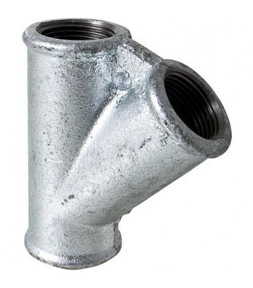 Raccord fonte en Té oblique à 45°, Triple Femelle. Filetage BSP. Gamme raccords fonte malléable pour la robinetterie industrielle. Raccord fonte n°165
