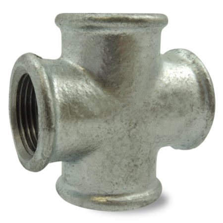 Raccord fonte malléable n°180: Raccord en croix égal, branchement 4xFemelle filetage BSP, fonte galvanisée à chaud