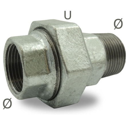 Raccord fonte malléable galvanisée - type 331: raccord union égal mâle/femelle à joint plat - Filetage BSP. DN8 à DN80