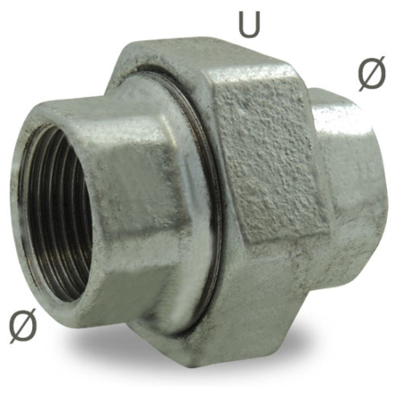 Raccord fonte malléable galvanisée - type 340: raccord union égal Femelle/Femelle, joint conique - Filetage BSP. DN6 à DN100