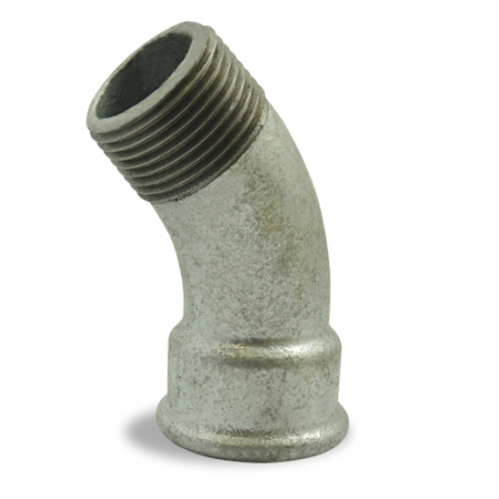 Raccord fonte malléable galvanisée 40 courbe mâle femelle grand rayon 45° filetage BSP. DN8 à DN100