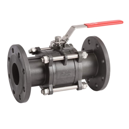 Robinet vanne à tournant sphérique, corps acier 3 pièces à brides PN40. Poignée de vanne rouge