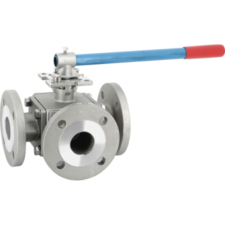 Vanne à tournant sphérique 3 voies en T, en inox. Brides PN16