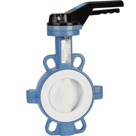 Robinet à papillon à oreilles de centrage wafer corps fonte papillon inox revétu PTFE. DN 40 à DN 300