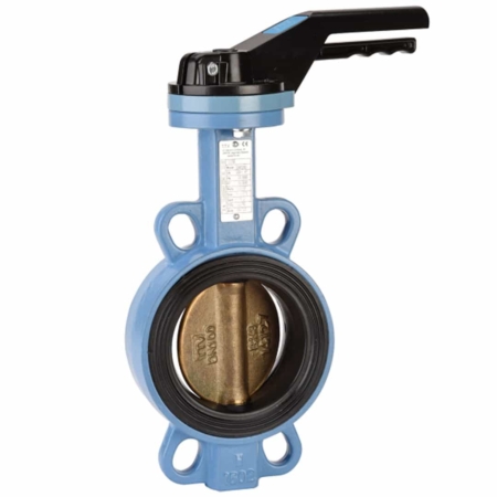 Vanne papillon à oreilles de centrage, corps fonte GJS, papillon cupro-alu, manchette NBR. Entre brides PN10/16 et Class 150 (PN20) selon DN