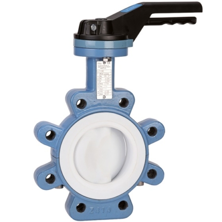 Robinet à papillon à oreilles taraudées wafer corps fonte papillon inox revétu PTFE. DN 40 à DN 300