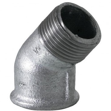 Raccord 121 en fonte malléable galvanisée. Raccord coudé 45° Mâle Femelle, filetage BSP