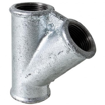 Raccord fonte en Té oblique à 45°, Triple Femelle. Filetage BSP. Gamme raccords fonte malléable pour la robinetterie industrielle. Raccord fonte n°165