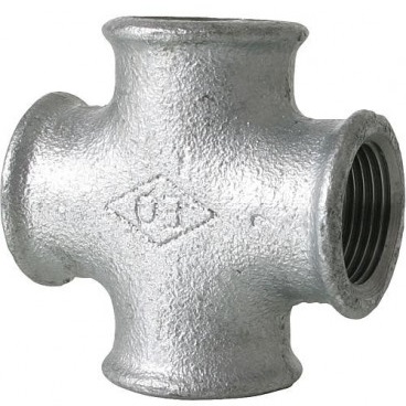 Raccord fonte malléable n°180 R: Raccord en croix Réduction, branchement 4xFemelle filetage BSP, fonte galvanisée à chaud