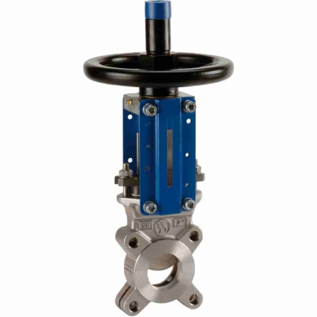 Vanne à guillotine unidirectionnelle corps inox siège EPDM presse-étoupe PTFE commande par volant . DN 50 à DN 400